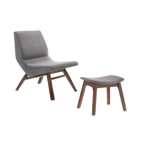 Benjara Cid Walnut and Gray Fabric Wood High Back Side Chair with Ottoman