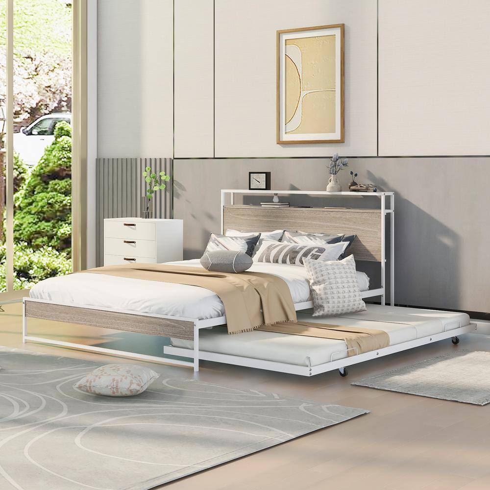 Black Metal Frame Queen Size Platform Bed with Twin Size Trundle, USB Charging Station, Storage Shelves