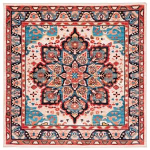 Riviera Blue/Beige 7 ft. x 7 ft. Machine Washable Medallion Border Square Area Rug