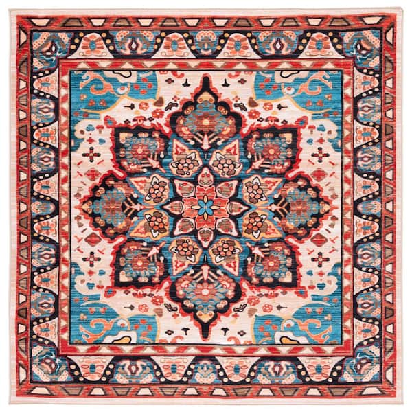 SAFAVIEH Riviera Blue/Beige 7 ft. x 7 ft. Machine Washable Medallion Border Square Area Rug