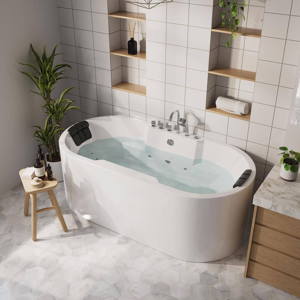 67" White Acrylic Freestanding Whirlpool Bathtub with Faucet