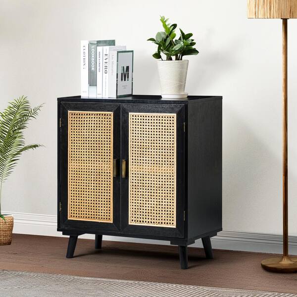 Ashlar Black Wood and Faux Cane Storage Cabinet with Drawers by World Market