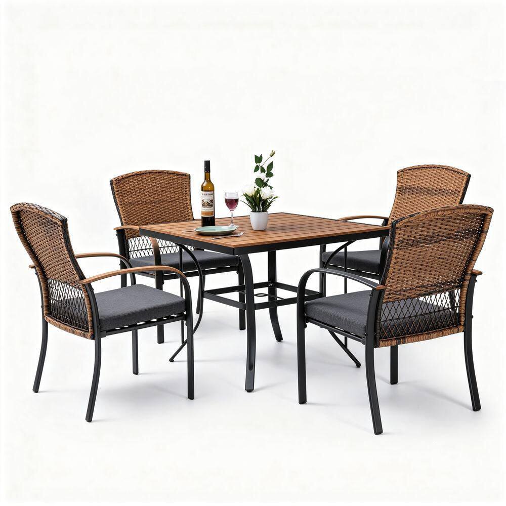 Outdoor 5-Piece Steel Patio Dining Set, Weather Resistant PE Rattan Table and Chairs,Easy Maintenance, Teak and Black price history on PriceWatchPro