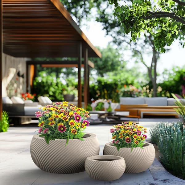 12. 5in., 17 in., 22.5 in. Light Gray(Enhanced Core) Concrete Round Planter / Pot with Drainage Holes (Set of 3)