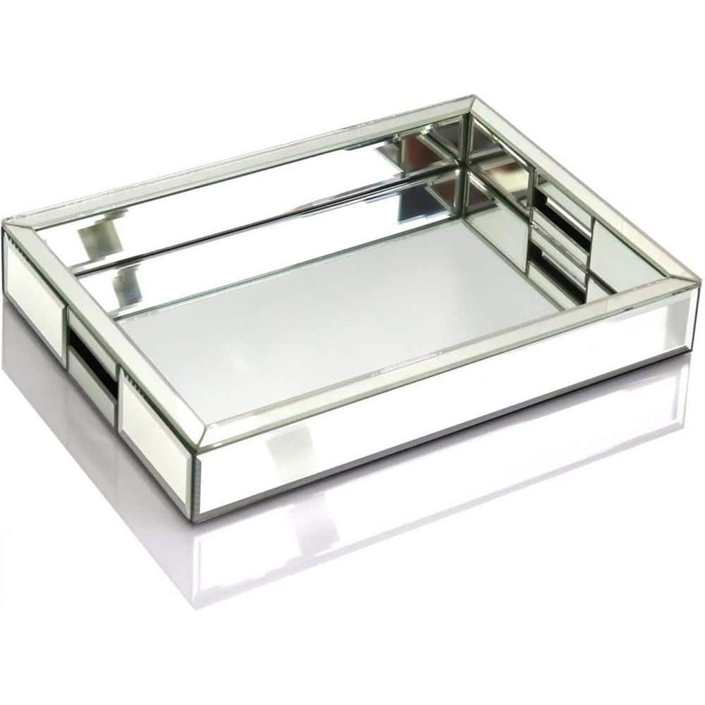 Silver Rectangular Mirror Vanity Tray Organizer in Mirrored Finish, 11x14x2