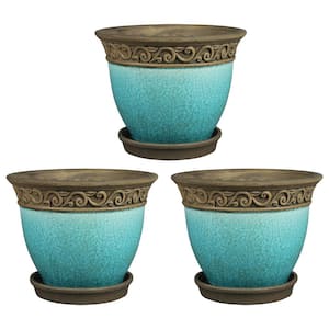 Cadiz 6.5 in. H Teal Crackled Ceramic Planter Pot with Saucer (3-Pack)