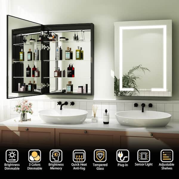 Hpeytaire 32 in. W x 24 in. H Rectangular Aluminum Recessed/Surface Mount Left Hinge Frameless Medicine Cabinet with Mirror Black