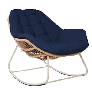 Patio Wicker Egg Outdoor Rocking Chair with Navy Blue Cushion