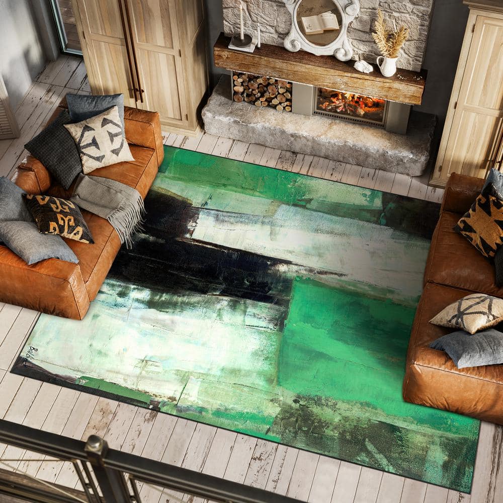 Verdure Black and Green Abstract Washable 8' x 10' Area Rug