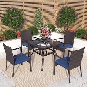 5-Piece Metal Patio Outdoor Dining Set with Square Mesh Tabletop and Rattan Chair with Blue Cushion