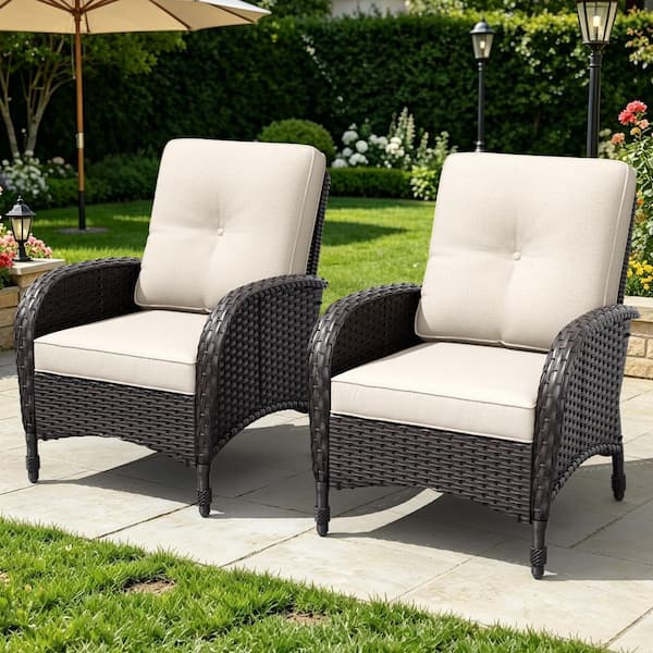 2-Piece Dark Brown Wicker Patio Outdoor Lounge Chair with Beige Cushions