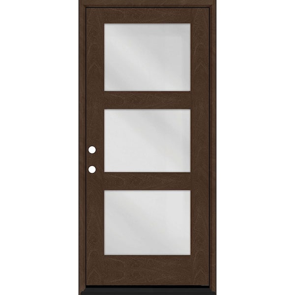 Regency 36 in. x 80 in. Modern 3-Lite Equal Clear Glass RHIS Hickory Mahogany Fiberglass Prehung Front Door w/6 in. Jamb