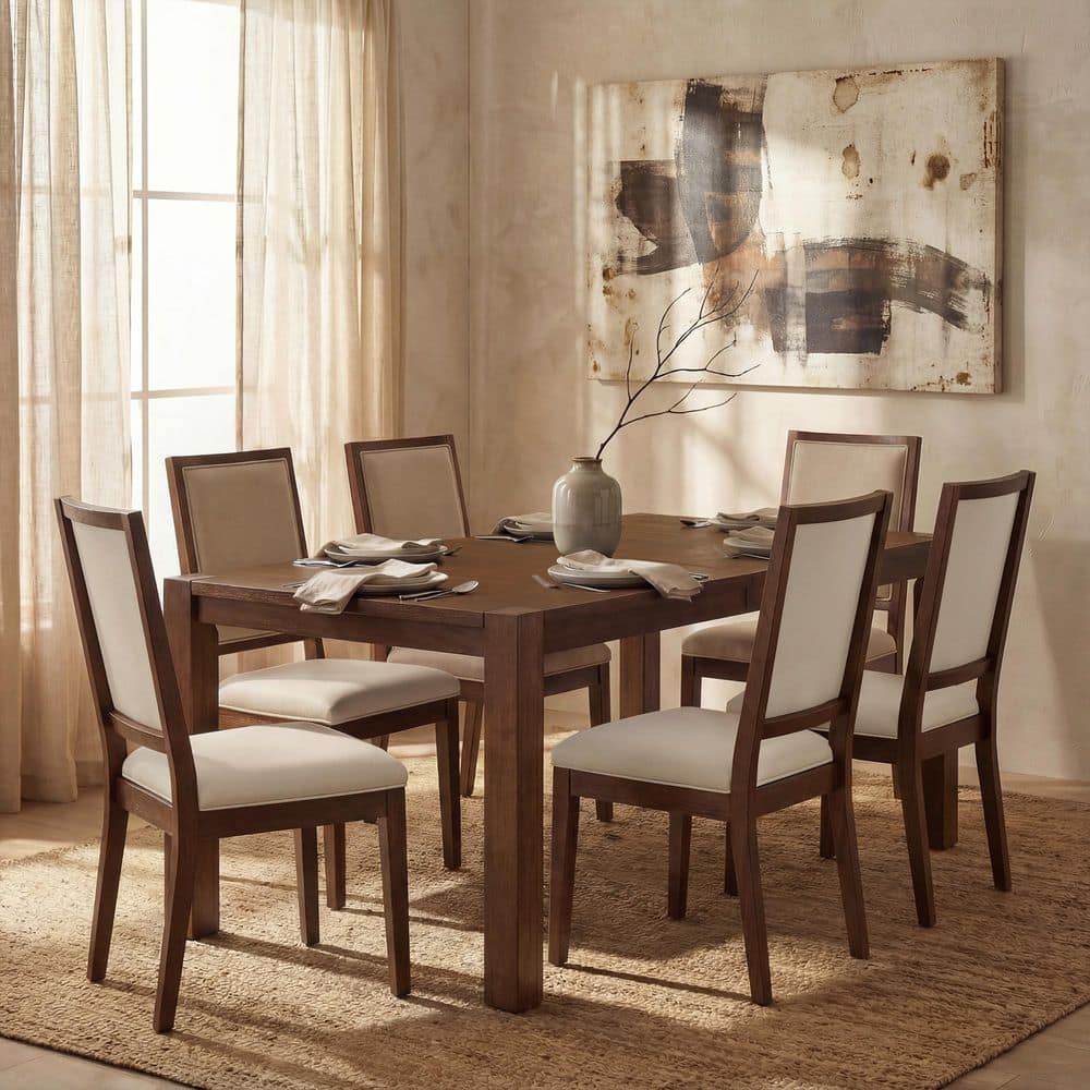 7-Piece Brown Expandable Rectangular Wood Top Dining Table Set with Upholstered Linen Chairs for Kitchen Dinner 6 Seats