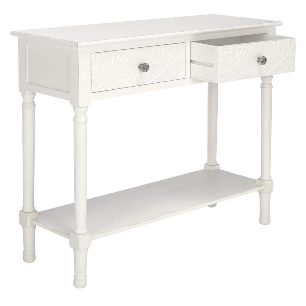 Distressed White Carved Wood Hallway Table with Storage