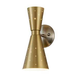 Rooks 13 in. 2-Light Industrial Brushed Brass Double Cone Up&Down Wall Sconce Dual Horn Hourglass Bathroom Vanity Light
