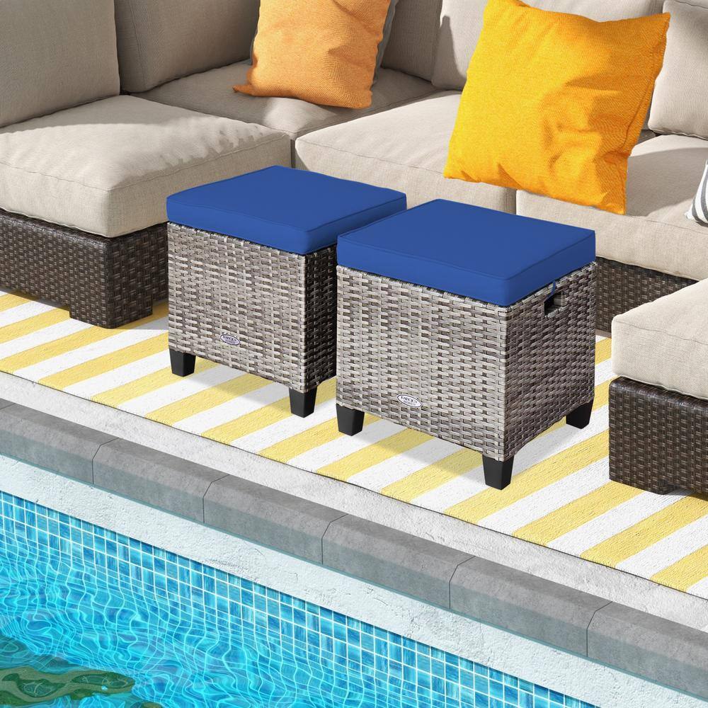 Mix Gray Steel Frame Outdoor Ottomans with Navy Cushions, 2 Pack