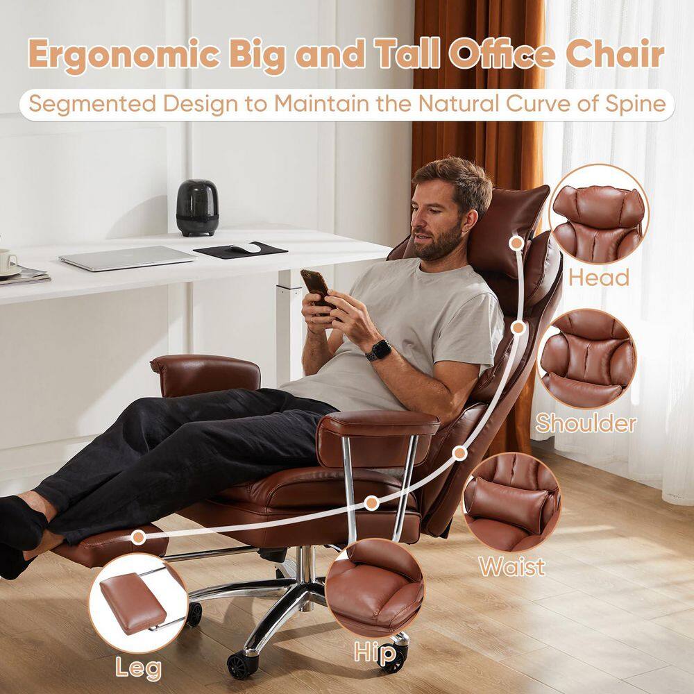 Big Tall PU Leather Reclining High Back Executive Chair in Brown with Footrest and Lumbar Support with Adjustable Arms - Thumbnail 3