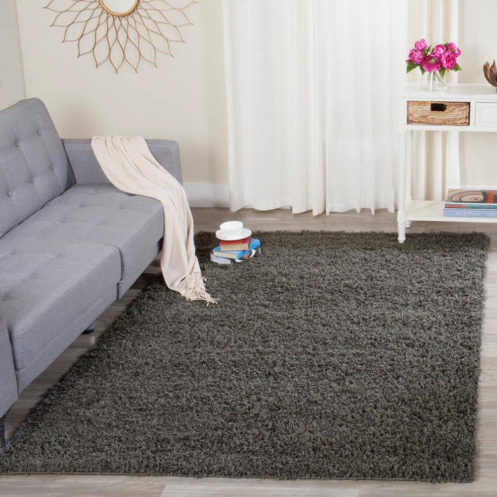 Athens Luxe Shag 9' x 12' Hand-Knotted Synthetic Area Rug in Dark Grey