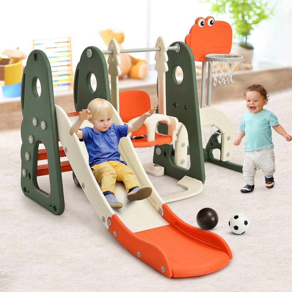 6-in-1 Orange and White Toddler Slide and Swing Set with Ball Games
