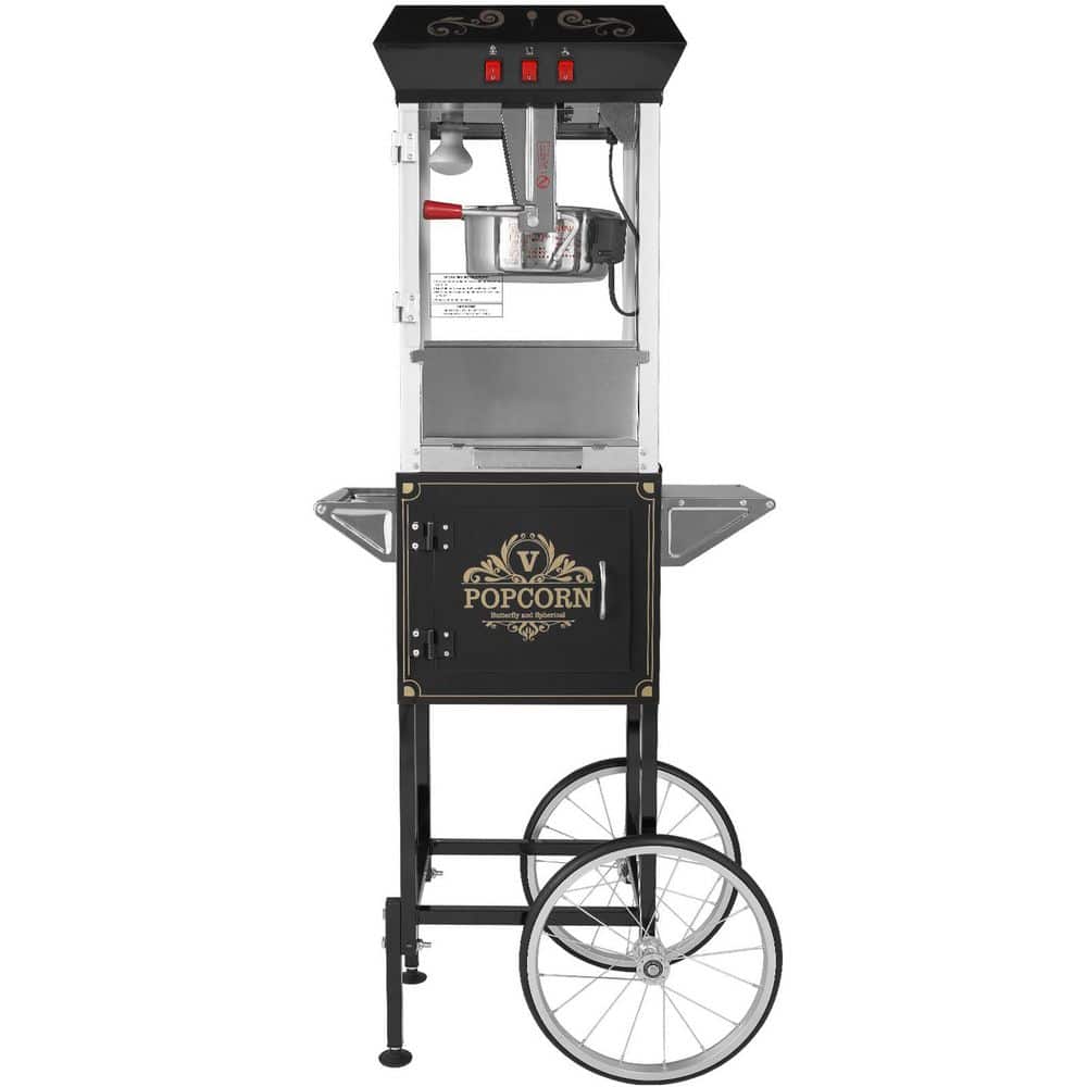 Popcorn Maker with Cart, 850 W Popcorn Popper Machine, 8 oz. Kettle Makes 48-Cups per Batch, Popcorn Machine, Black