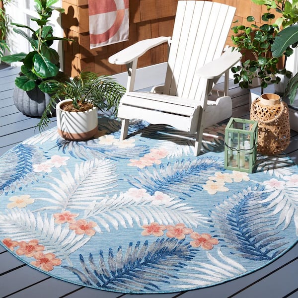 Cabana Aqua/Ivory 6 ft. x 6 ft. High-Low Botanical Floral Indoor/Outdoor Round Area Rug