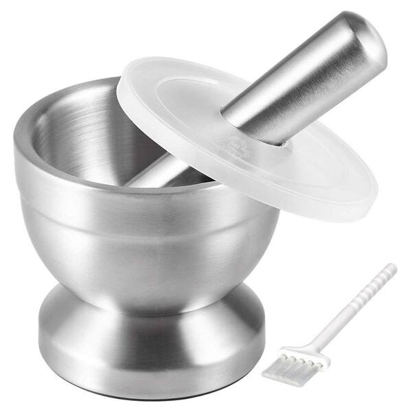 18/8 Stainless Steel Mortar and Pestle with Brush, Pill Crusher, Spice Grinder, Herb Bowl, Pesto Powder, Silver