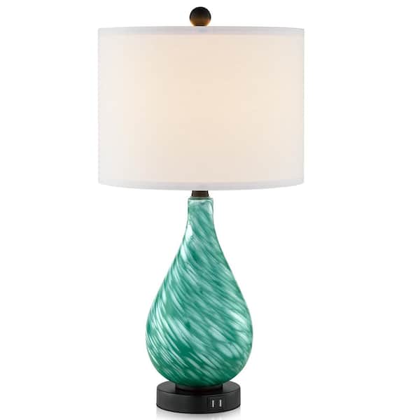 Cinkeda Gawronski 24 in. Emerald-Green Clear Glass Touch Control Table Lamp with 2 USB Sports