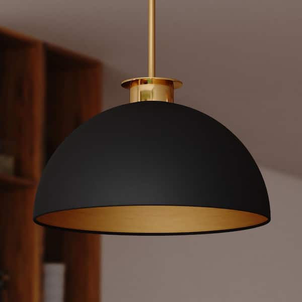 Devon 1-Light Matte Black and Gold Satin Brass LED Compatible Mid-Century Modern Pendant Light