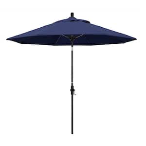 9 ft. Fiberglass Market Collar Tilt M Black Patio Umbrella in Navy Blue Olefin