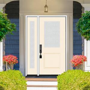 Legacy 53 in. x 80 in. 1/2 Lite Rain Glass RHIS Primed Linen Finish Fiberglass Prehung Front Door w/14 in. SL