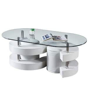 49.20 in. Clear Oval Tempered Glass Coffee Table with 2 White Faux Leather Stools Set