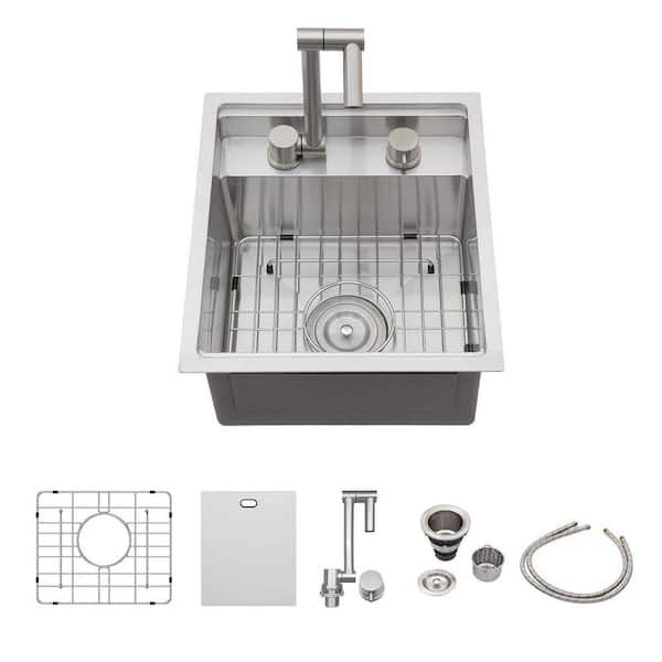 15 in. Undermount Bar Sink Brushed 16-Gauge Stainless Steel Sink with Folding Faucet