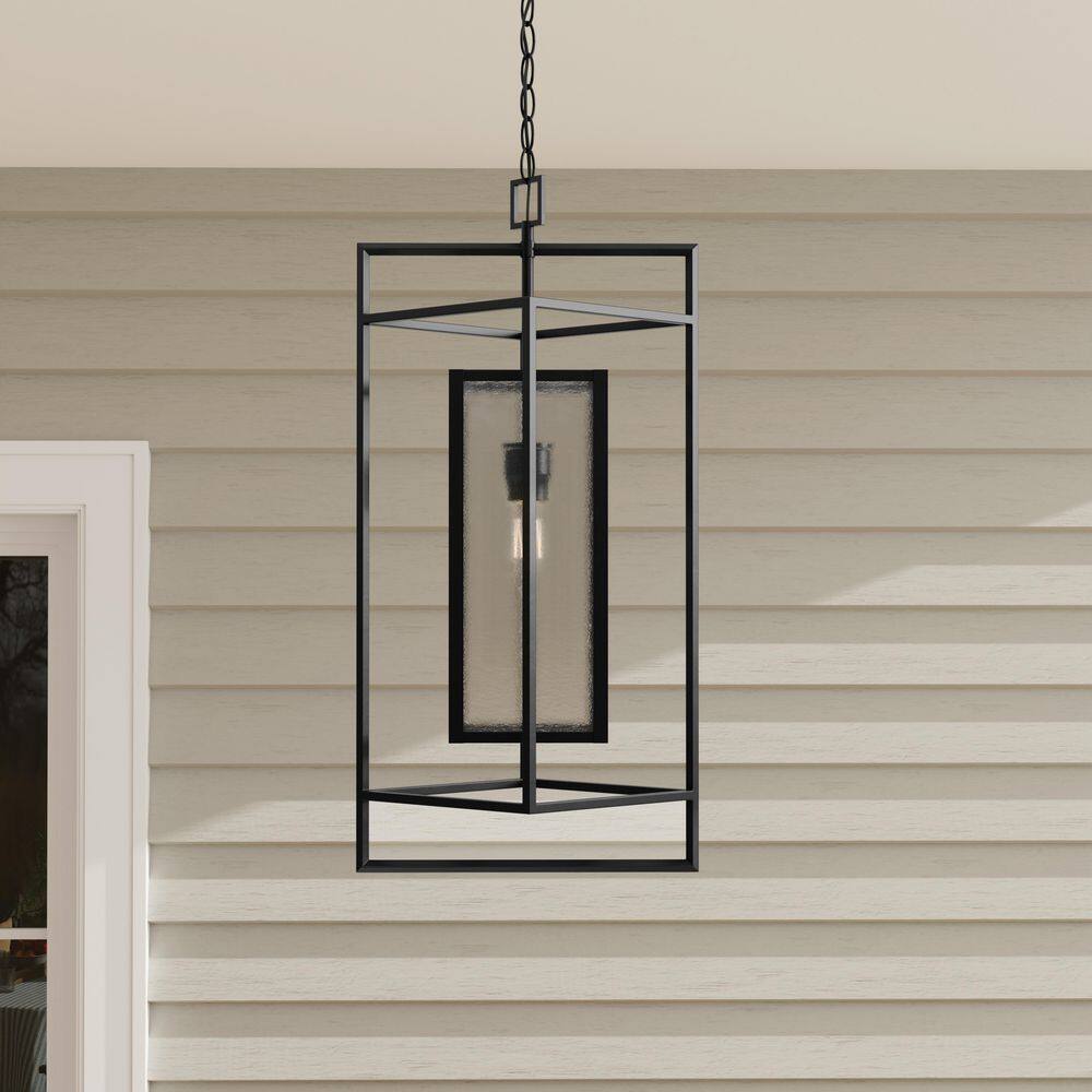 Matte Black Seeded Glass Outdoor Hanging Pendant Light