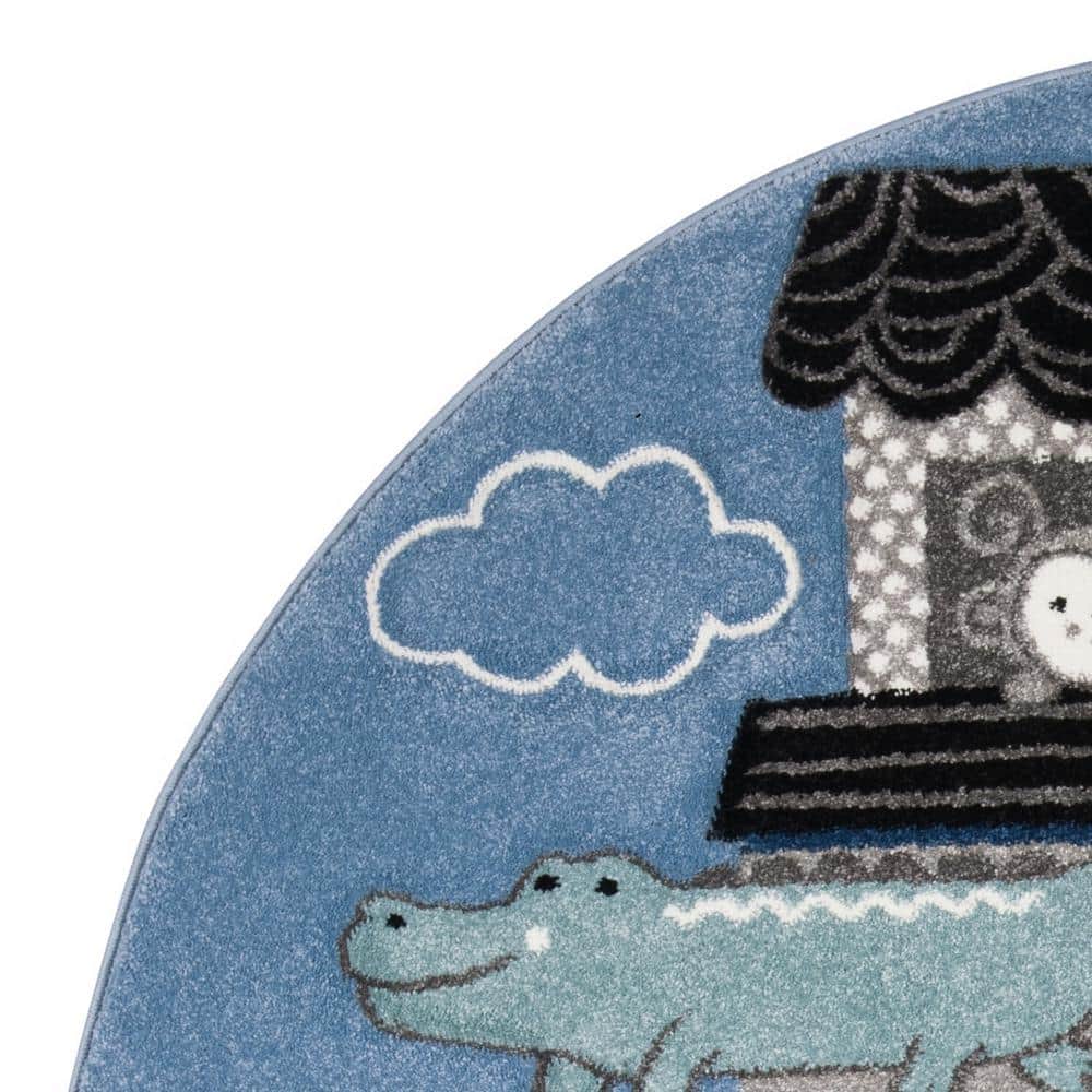 Carousel Kids Blue Round Synthetic Area Rug, 5'3"