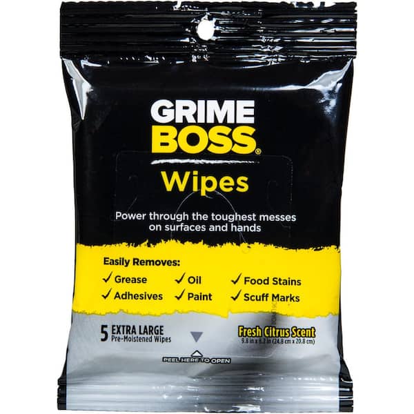Grime Boss 5-Count Surface and Hand Wipes Heavy Duty Cleaning Wipes for Removing Paint, Grease and Adhesives with Skin Safe Formula