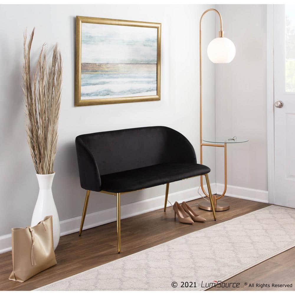 46" Black Velvet and Gold Steel Glam Bench