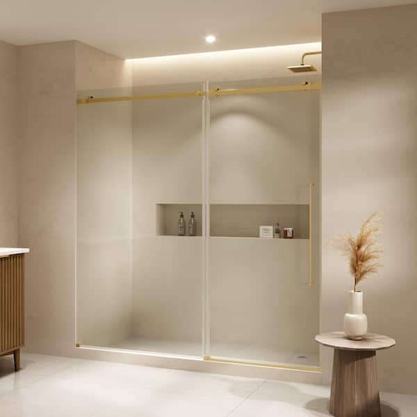 Selby 72.01 in. W x 74.02 in. H Sliding Frameless Shower Door with Clear Glass in Brushed Gold
