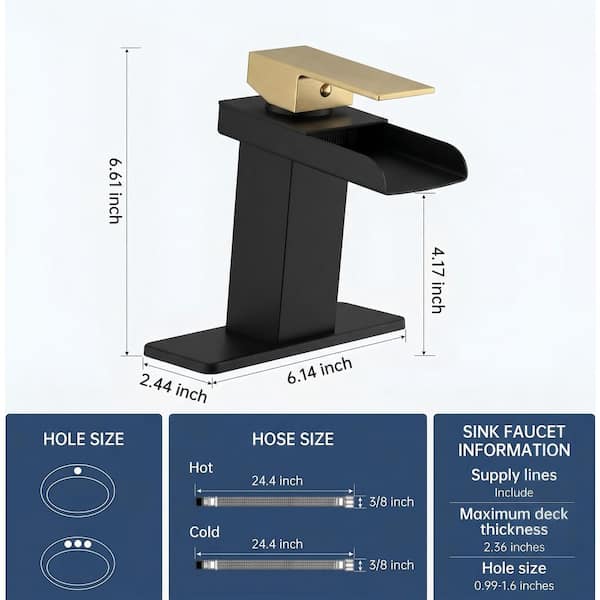 Single-Handle Waterfall Single-Hole Bathroom Sink Faucet with Pop-Up Drain Kit, Deckplate Included in Gold and Black
