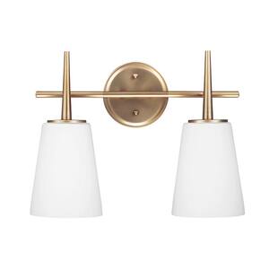 Driscoll 15.5 in. W. 2-Light Modern Satin Brass Bathroom Vanity Light with Inside White Painted Etched Glass