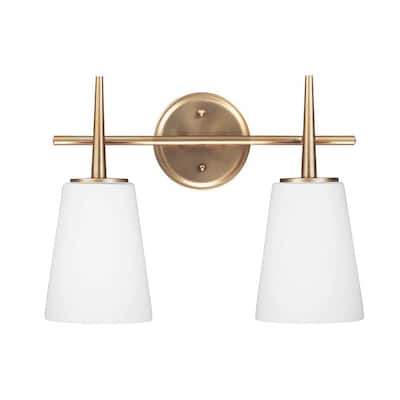 Driscoll 15.5 in. W. 2-Light Satin Brass Wall/Bath Vanity Light with Inside White Painted Etched Glass