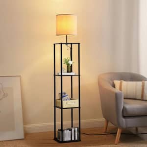63 in. Black Modern 1-Light Standard Floor Lamp with Shelves for Living Room with Fabric White Linen Drum Shade