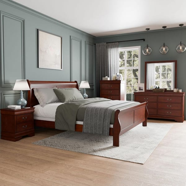 Furniture of America 6-Piece Burkhart Cherry Wood King Bedroom Set with Dresser and Mirror