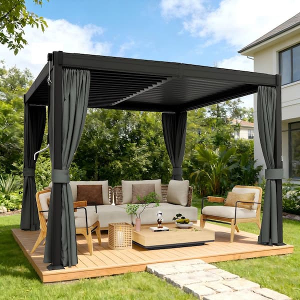 10 ft. W X 10 ft. D ft Black Galvanized Steel Pergola With Louvered Roof, Curtain, And Protective Netting