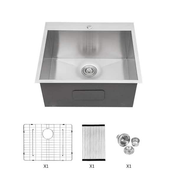 22 in. Drop-In Single Bowl 16 Gauge Brushed Nickel Stainless Steel Kitchen Sink with Bottom Grids