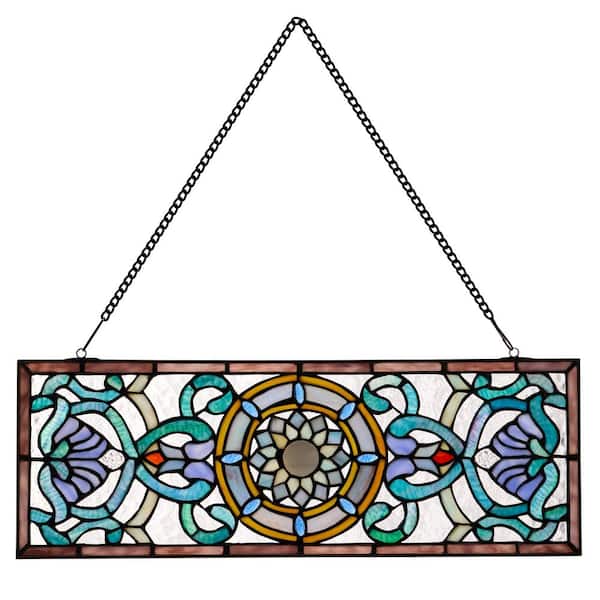 River of Goods Vintage Flourishes and Flowers Horizontal Pub Stained Glass Window Panel