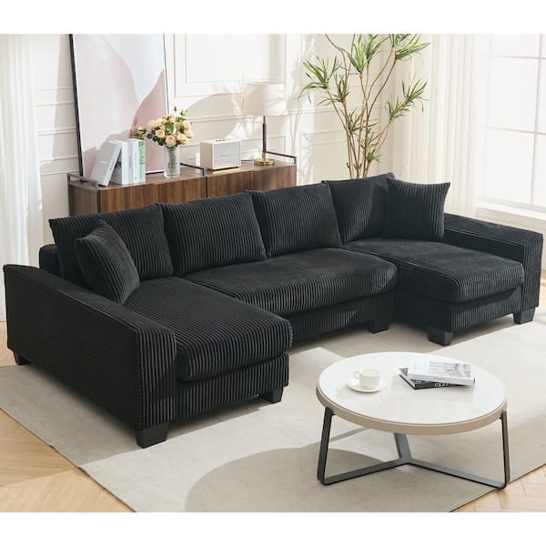 Modern 114 in. Square Arm 3-piece U-Shaped Corduroy Sectional Sofa in. Black with Chaise Lounge