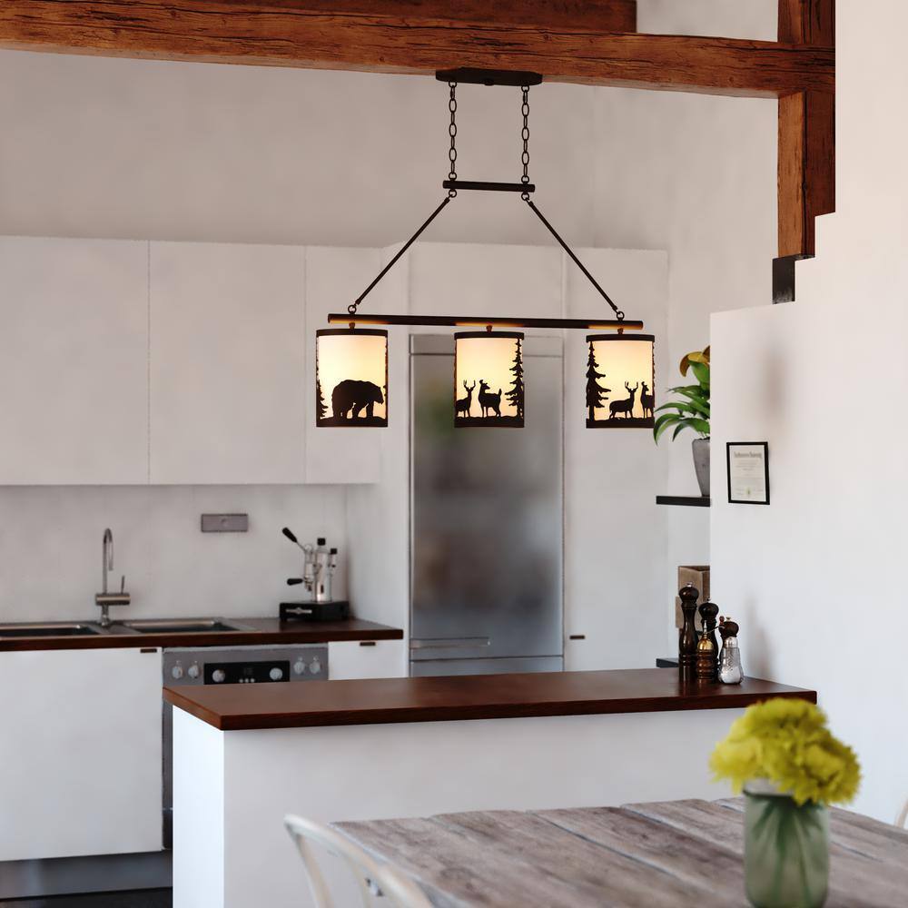 Acadia Bronze 3-Light Rustic Linear Chandelier with Linen Shades