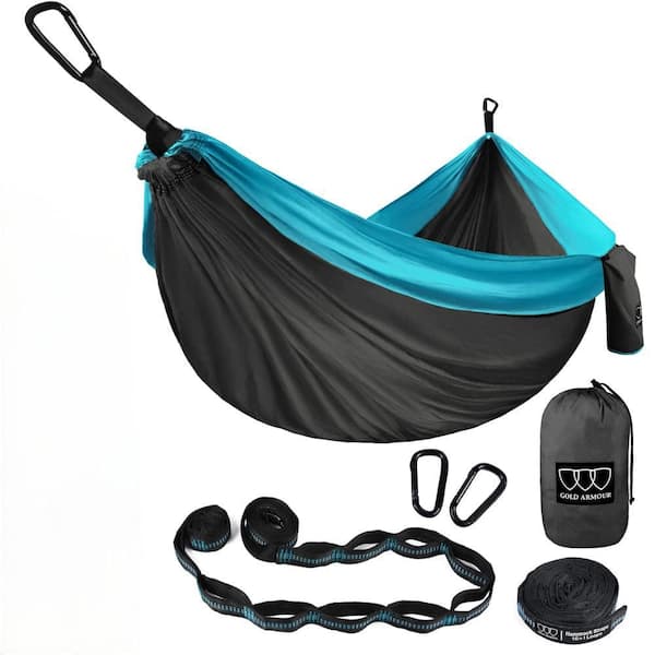Angel Sar 10.4 ft. 2-Person Portable Camping Hammock in Gray and Sky Blue with Carabiners, Tree Straps and Storage Bag