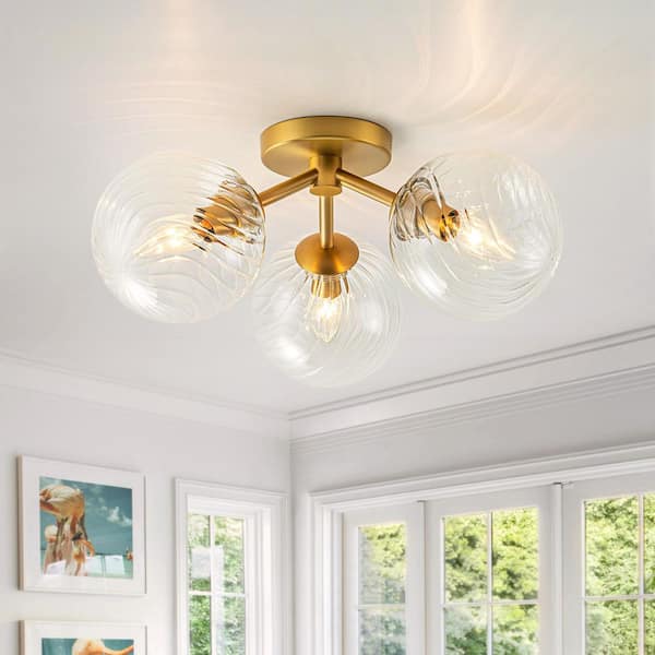 3-Light 18 in. Modern Gold Semi Flush Mount with Twisted Glass Shade
