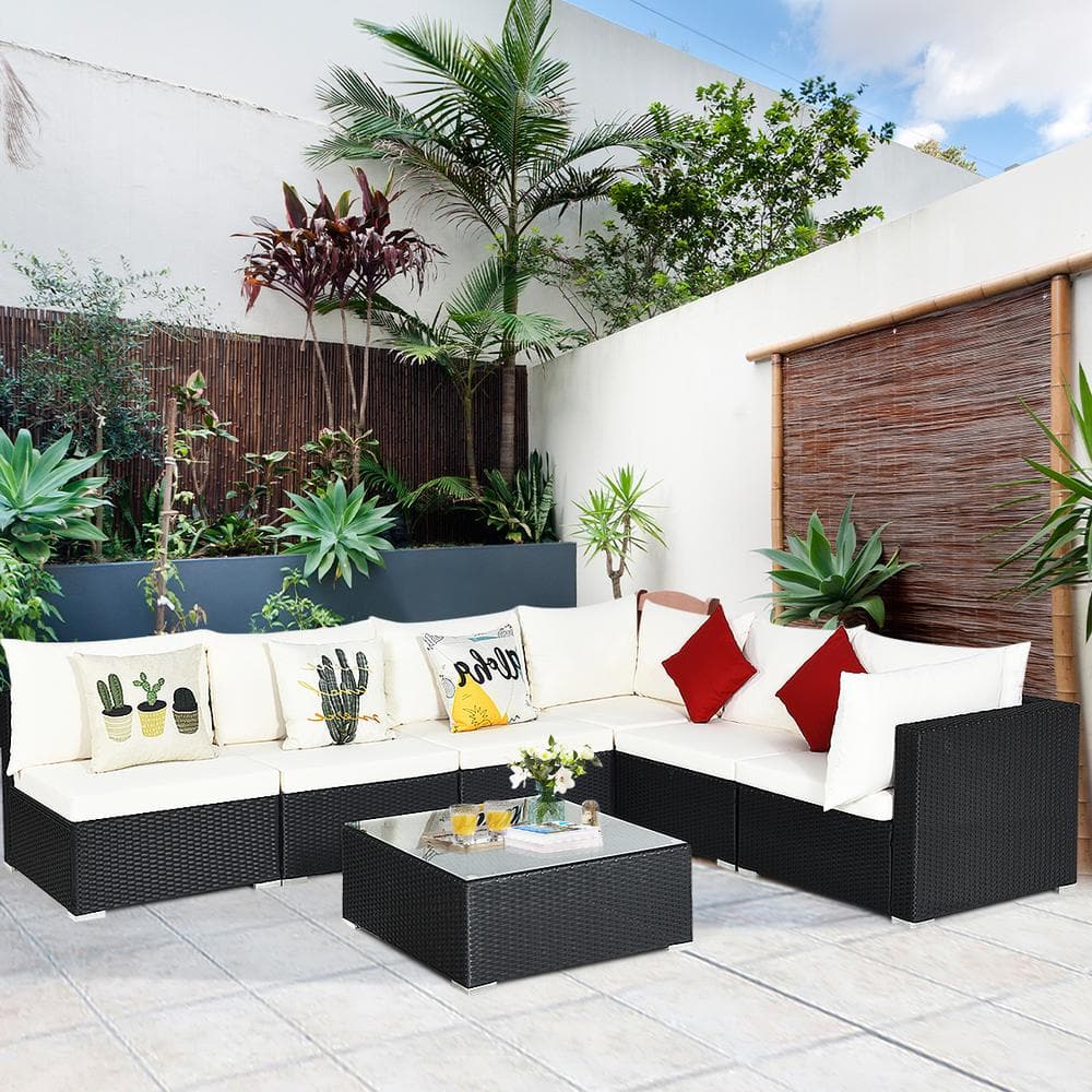 7-Piece PE Wicker Sectional Patio Conversation Set with White Cushions and 